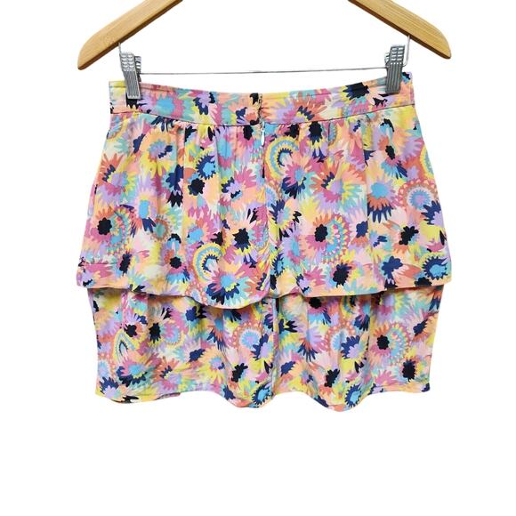 Tibi Tiered Silk Mini Skirt Sz 6 Bright Colorful Floral Coral Fuchsia Yellow - Picture 1 of 9